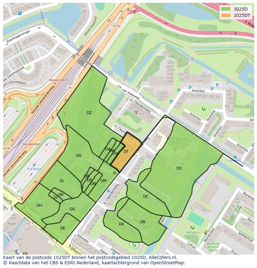 Afbeelding van het postcodegebied 1025 DT op de kaart.