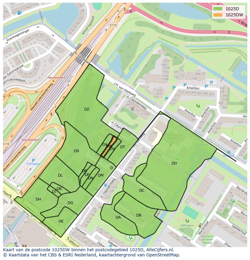 Afbeelding van het postcodegebied 1025 DW op de kaart.