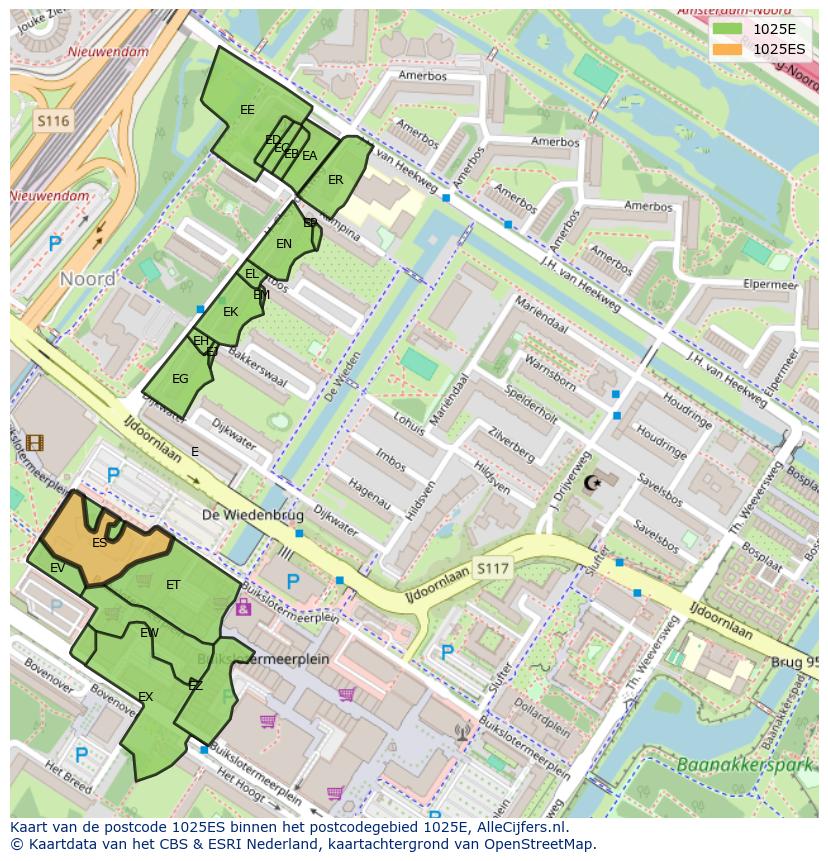 Afbeelding van het postcodegebied 1025 ES op de kaart.