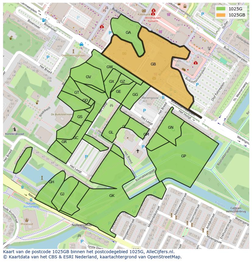 Afbeelding van het postcodegebied 1025 GB op de kaart.