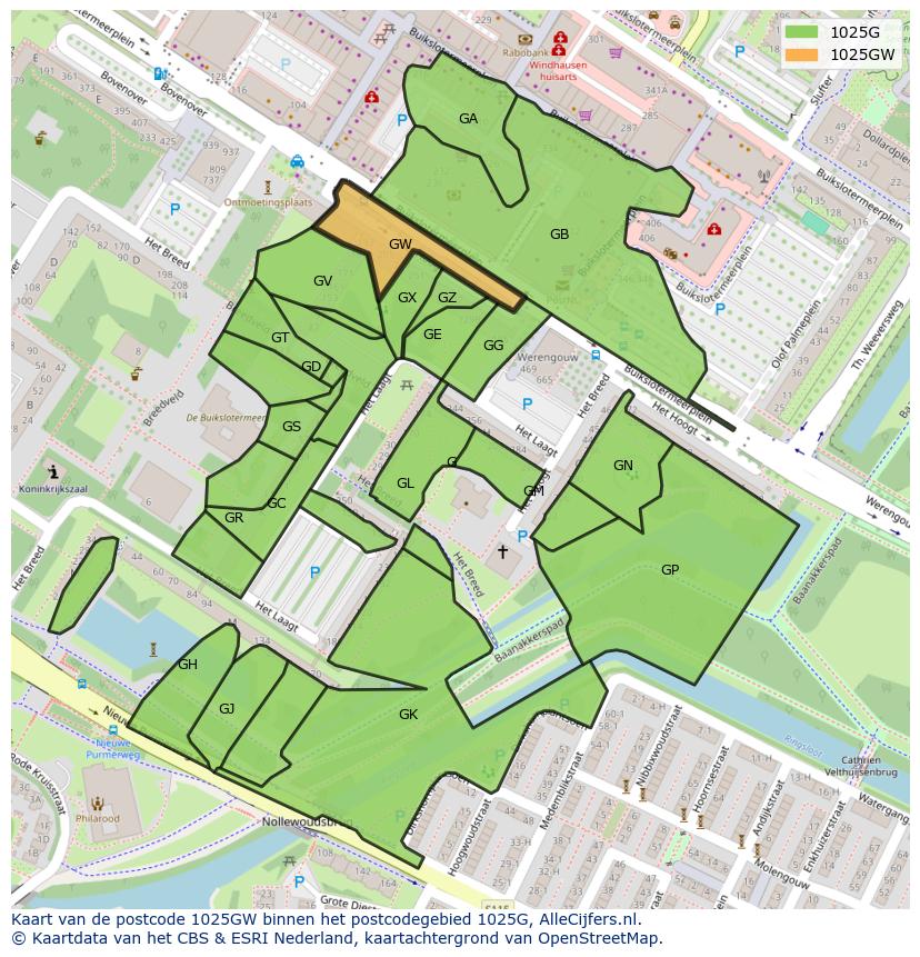Afbeelding van het postcodegebied 1025 GW op de kaart.