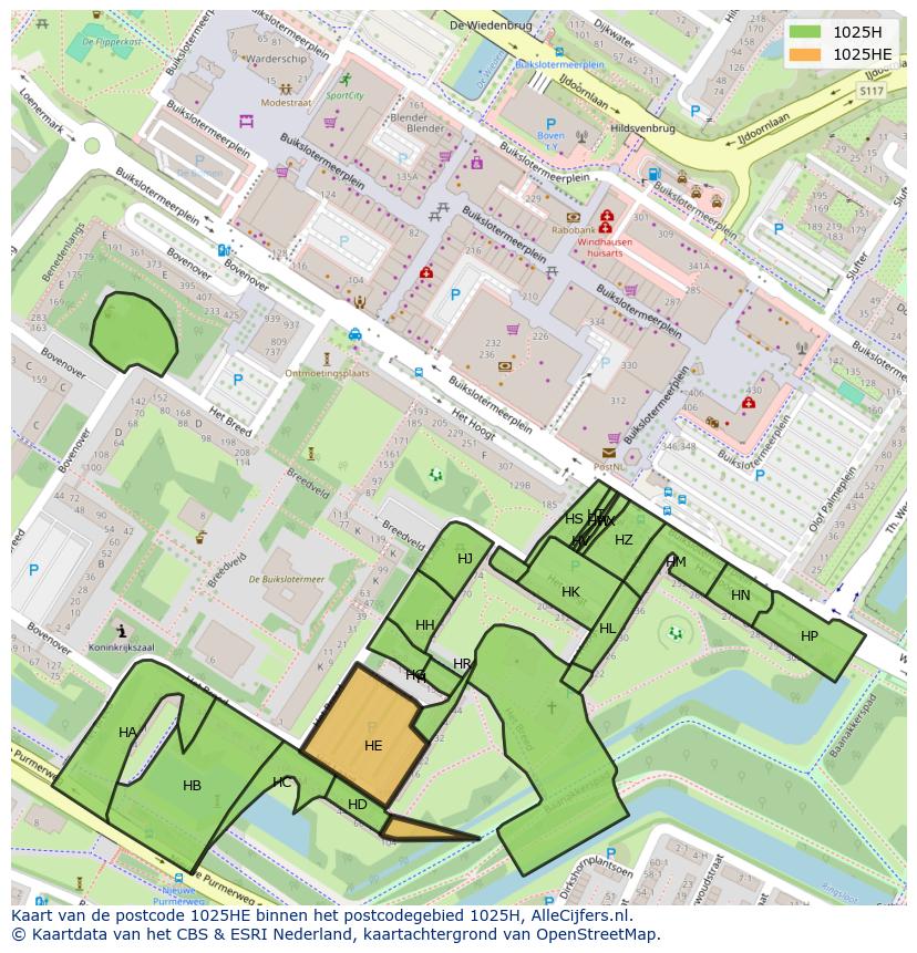 Afbeelding van het postcodegebied 1025 HE op de kaart.