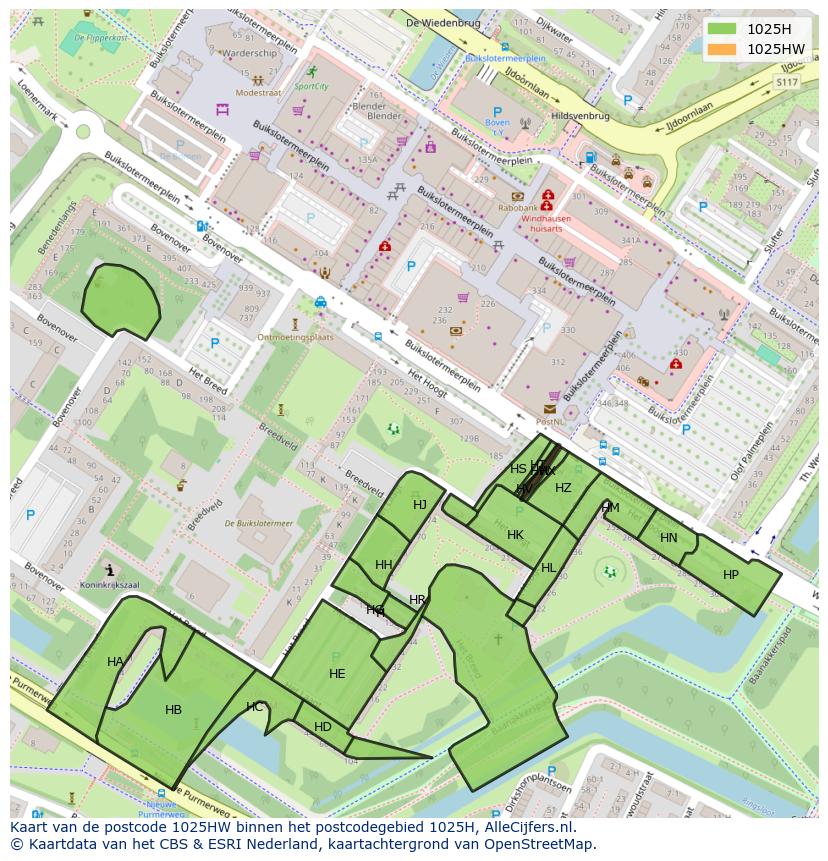 Afbeelding van het postcodegebied 1025 HW op de kaart.