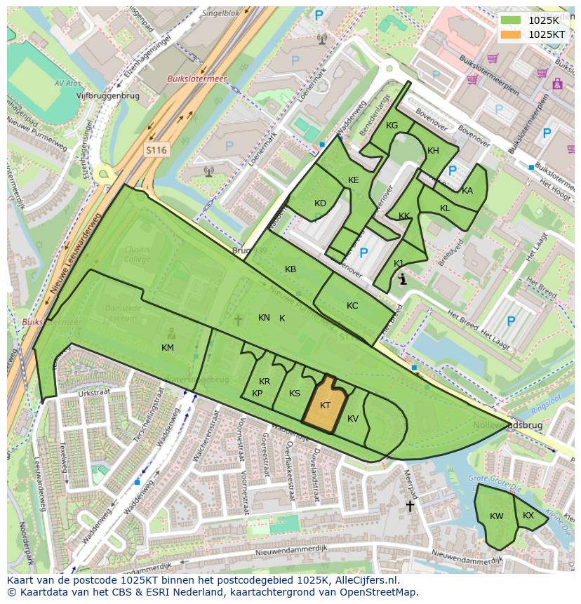Afbeelding van het postcodegebied 1025 KT op de kaart.