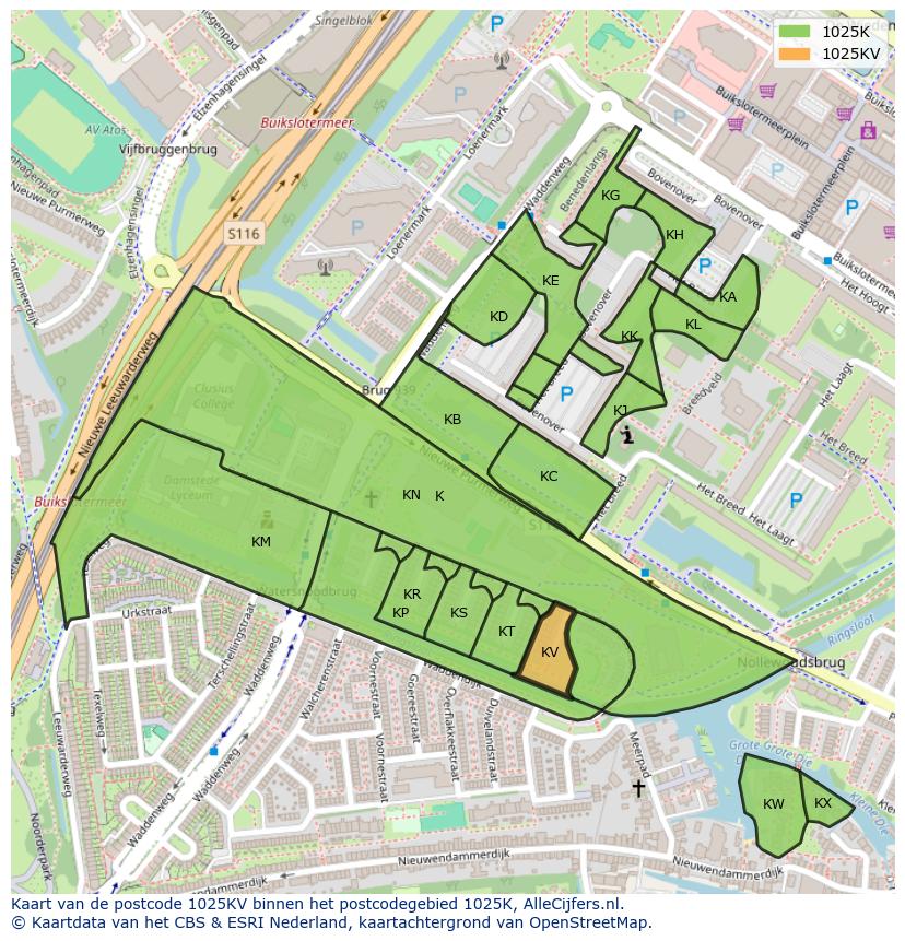 Afbeelding van het postcodegebied 1025 KV op de kaart.
