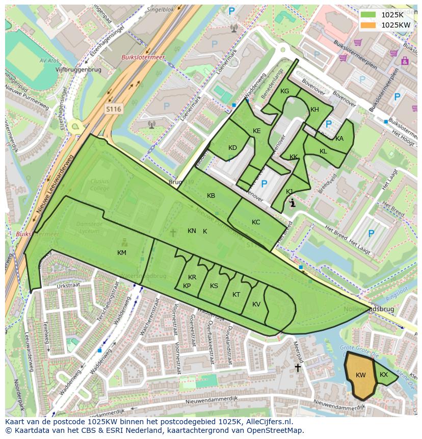 Afbeelding van het postcodegebied 1025 KW op de kaart.