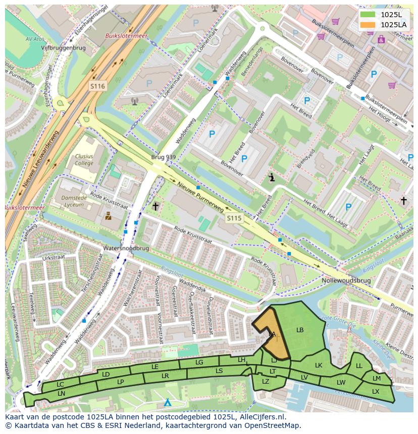 Afbeelding van het postcodegebied 1025 LA op de kaart.