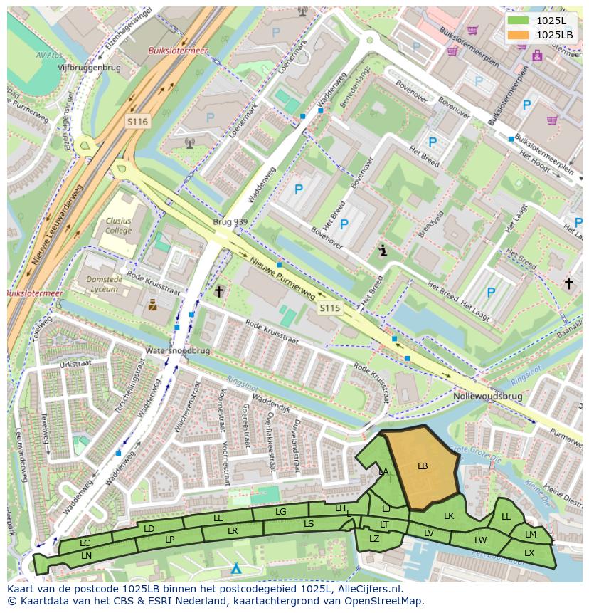 Afbeelding van het postcodegebied 1025 LB op de kaart.