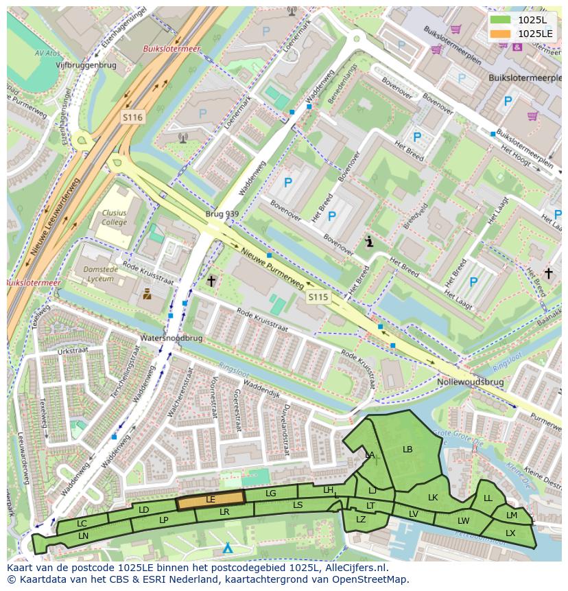 Afbeelding van het postcodegebied 1025 LE op de kaart.