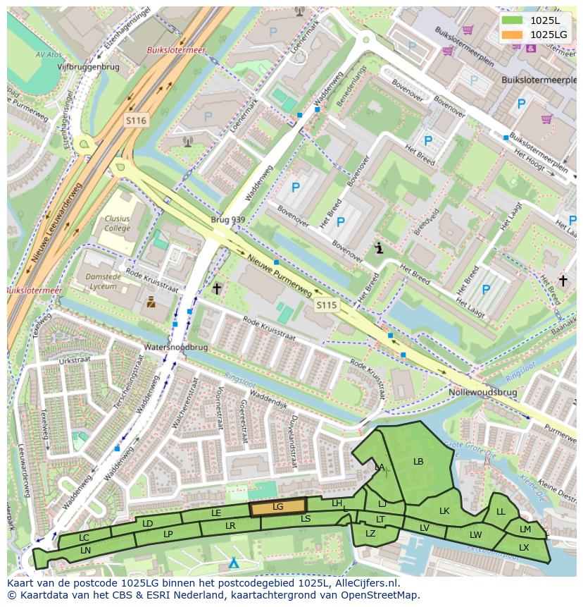 Afbeelding van het postcodegebied 1025 LG op de kaart.