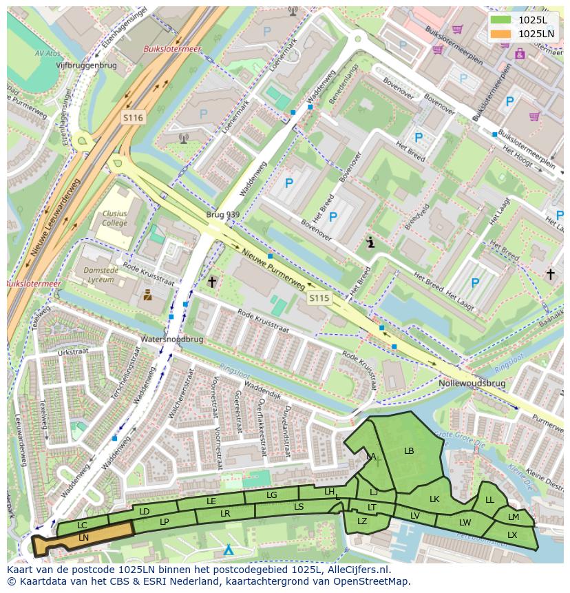 Afbeelding van het postcodegebied 1025 LN op de kaart.