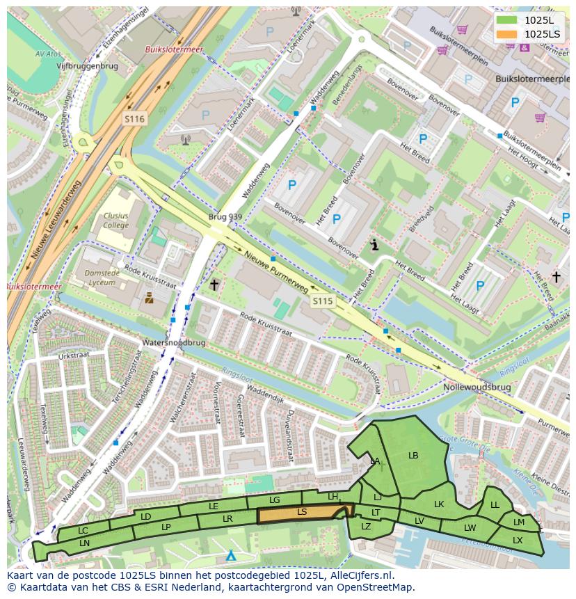 Afbeelding van het postcodegebied 1025 LS op de kaart.