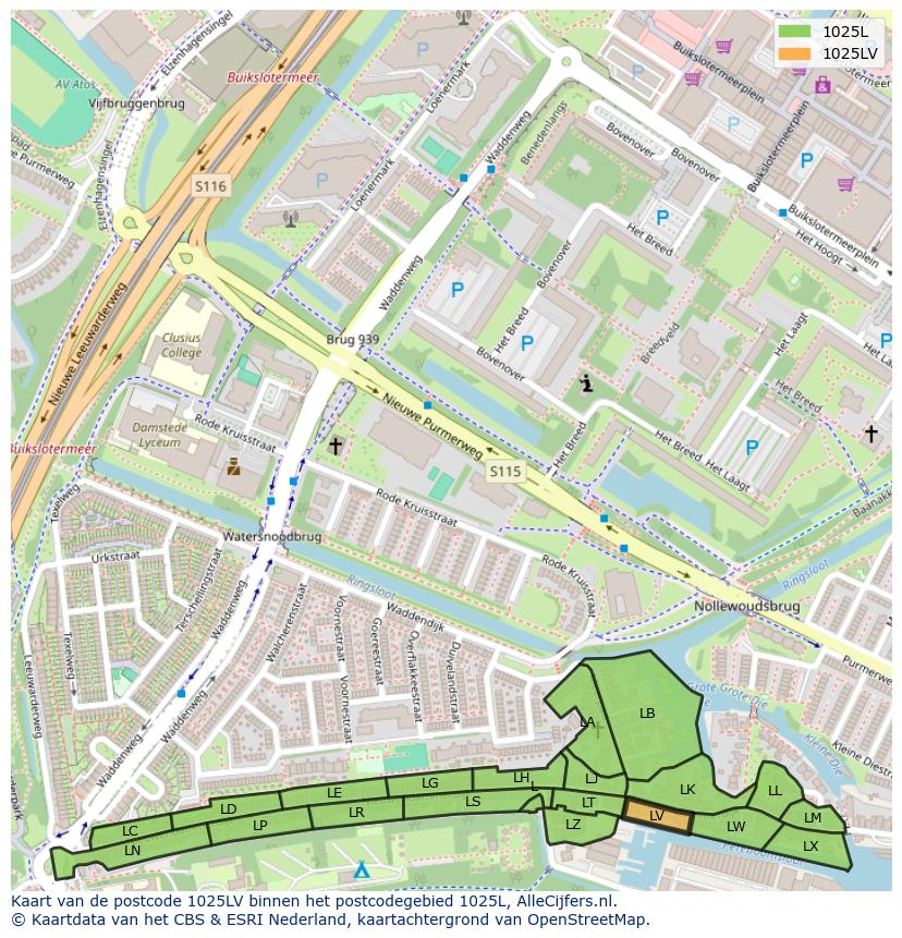 Afbeelding van het postcodegebied 1025 LV op de kaart.