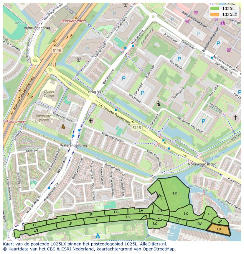 Afbeelding van het postcodegebied 1025 LX op de kaart.