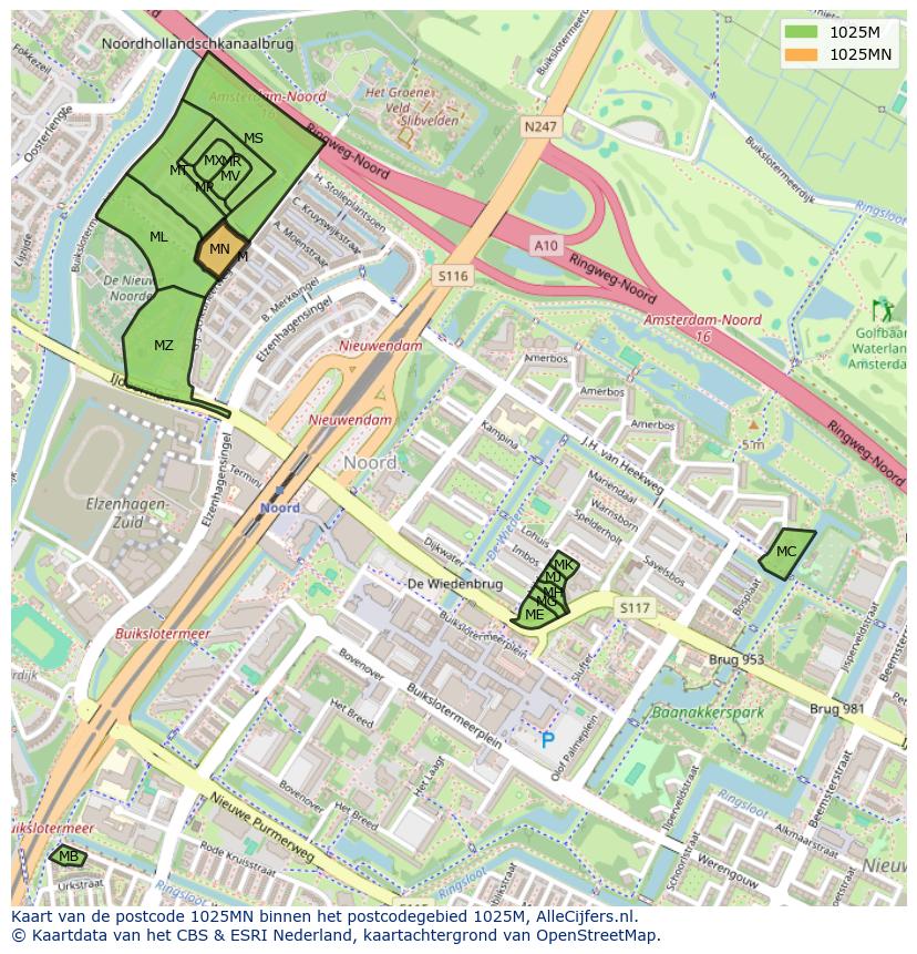 Afbeelding van het postcodegebied 1025 MN op de kaart.