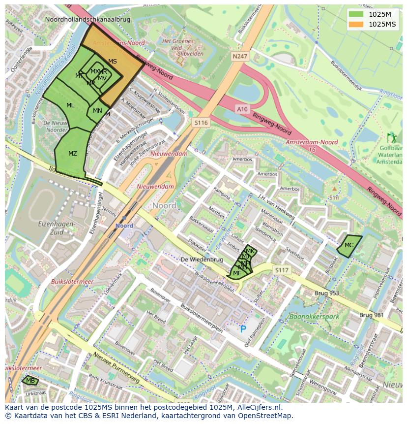 Afbeelding van het postcodegebied 1025 MS op de kaart.