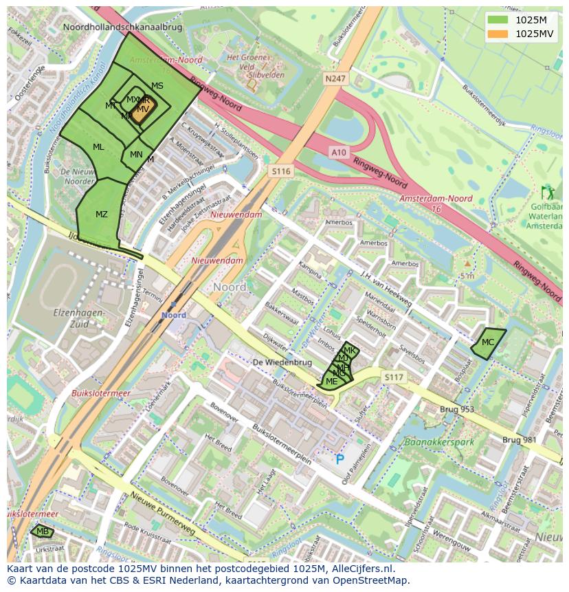 Afbeelding van het postcodegebied 1025 MV op de kaart.