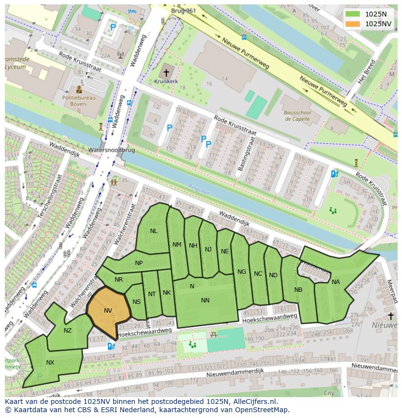 Afbeelding van het postcodegebied 1025 NV op de kaart.