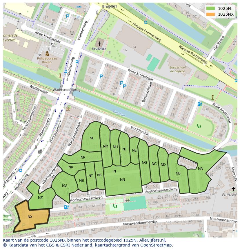 Afbeelding van het postcodegebied 1025 NX op de kaart.