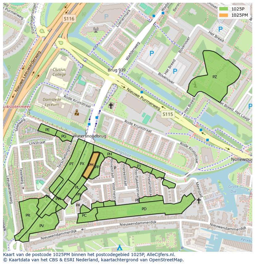 Afbeelding van het postcodegebied 1025 PM op de kaart.