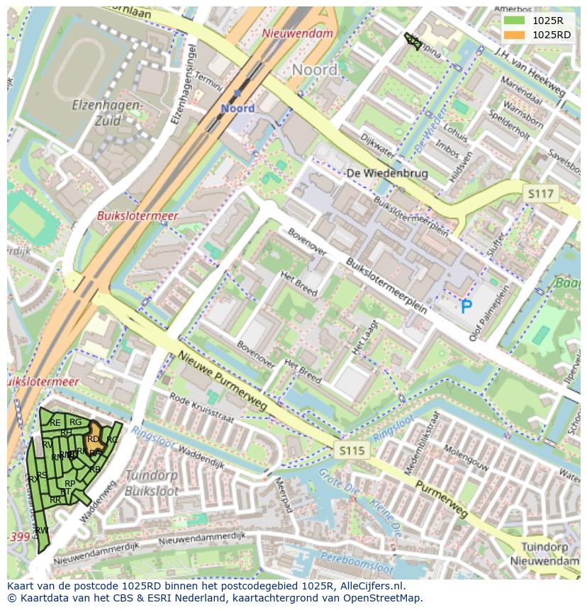 Afbeelding van het postcodegebied 1025 RD op de kaart.