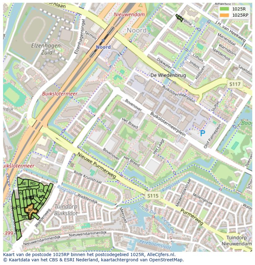 Afbeelding van het postcodegebied 1025 RP op de kaart.