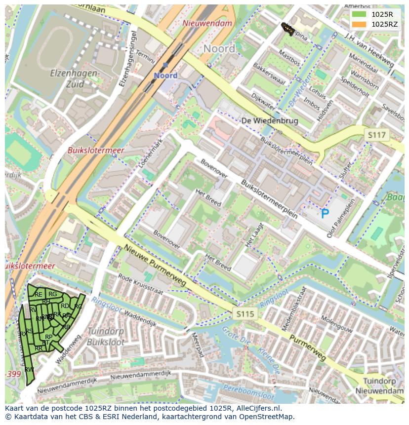 Afbeelding van het postcodegebied 1025 RZ op de kaart.
