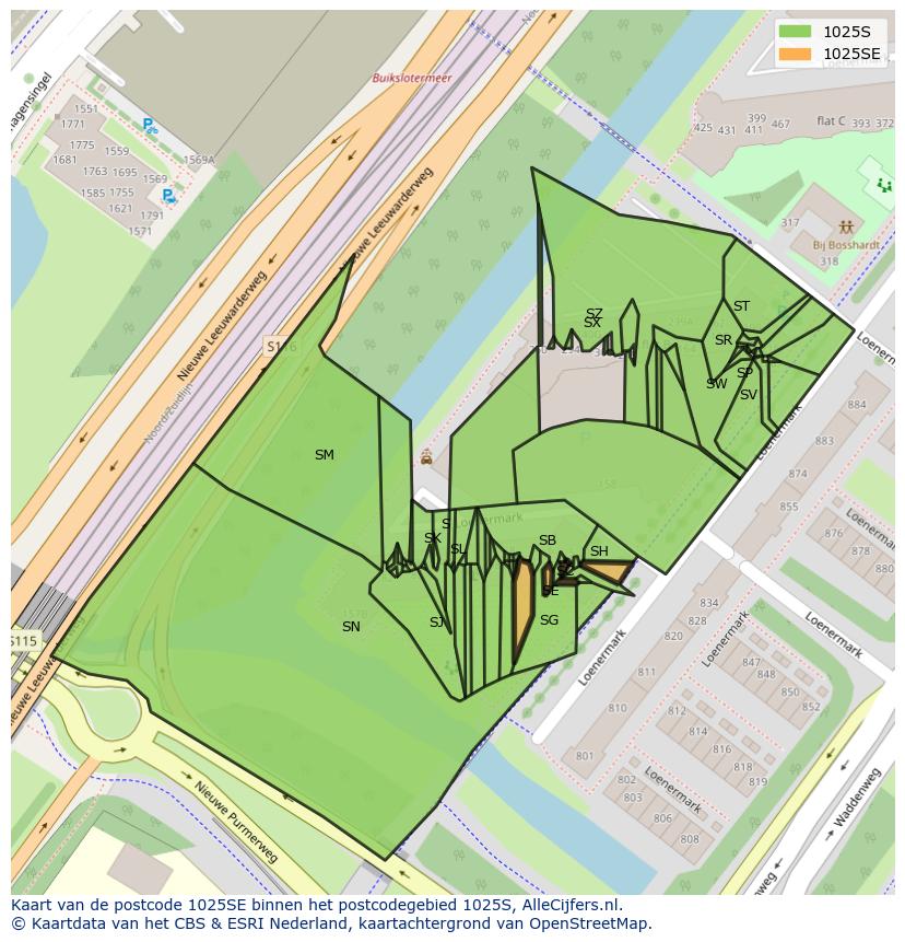 Afbeelding van het postcodegebied 1025 SE op de kaart.