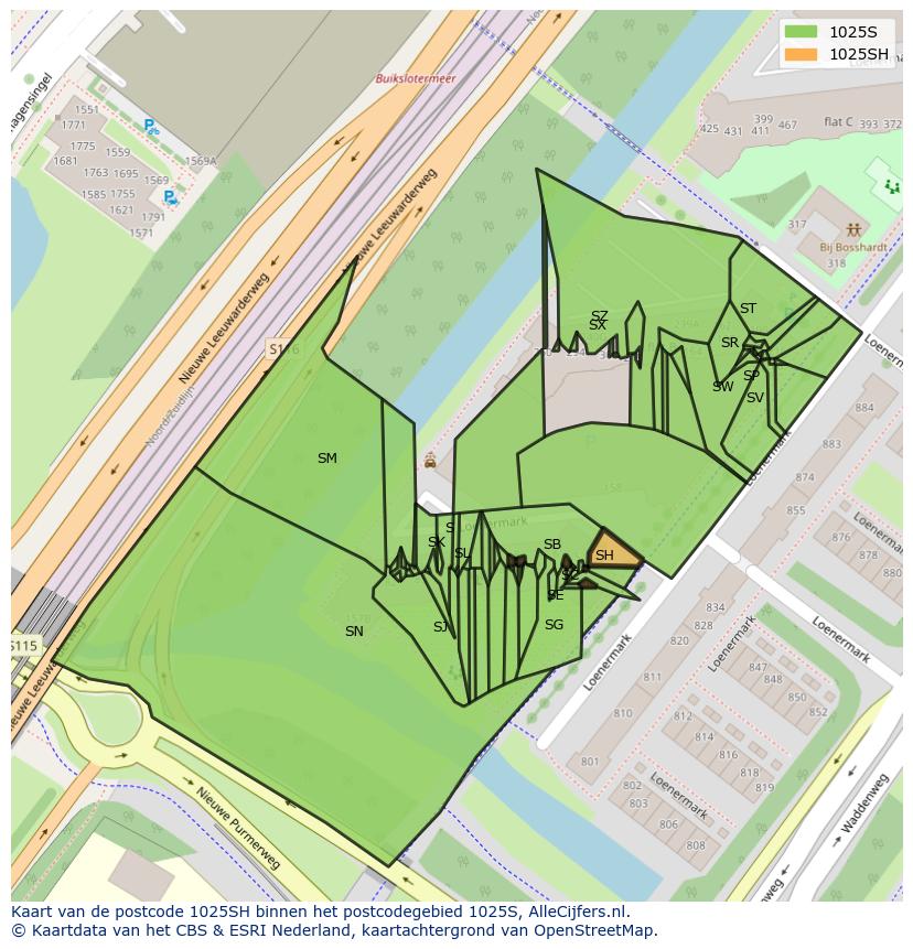 Afbeelding van het postcodegebied 1025 SH op de kaart.