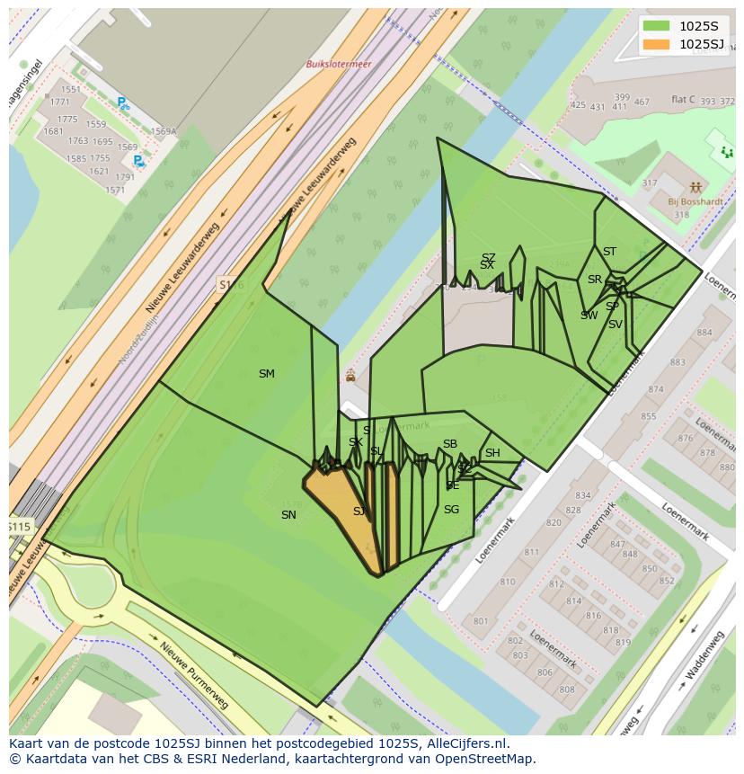 Afbeelding van het postcodegebied 1025 SJ op de kaart.