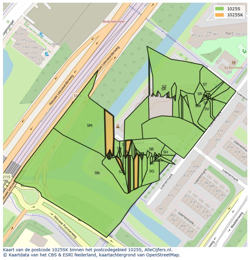 Afbeelding van het postcodegebied 1025 SK op de kaart.