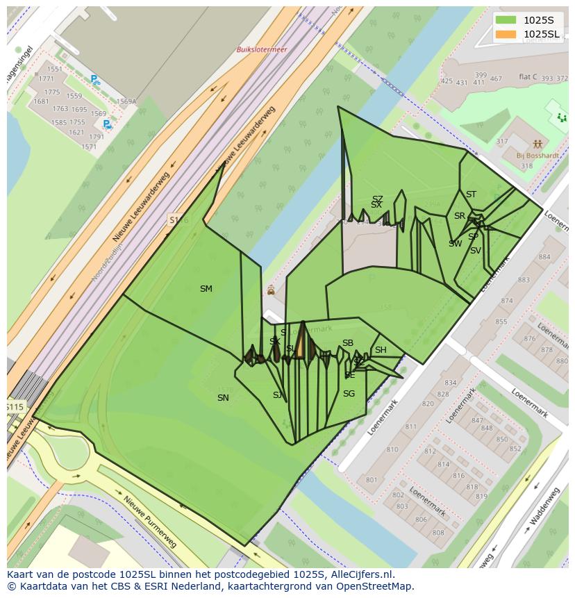 Afbeelding van het postcodegebied 1025 SL op de kaart.