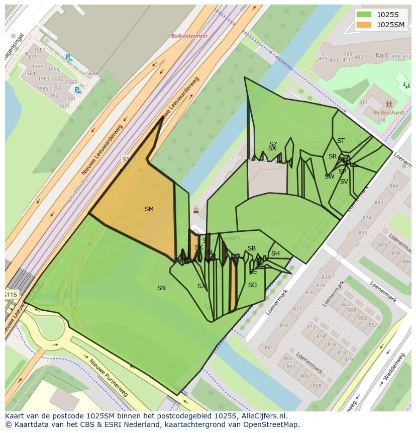 Afbeelding van het postcodegebied 1025 SM op de kaart.