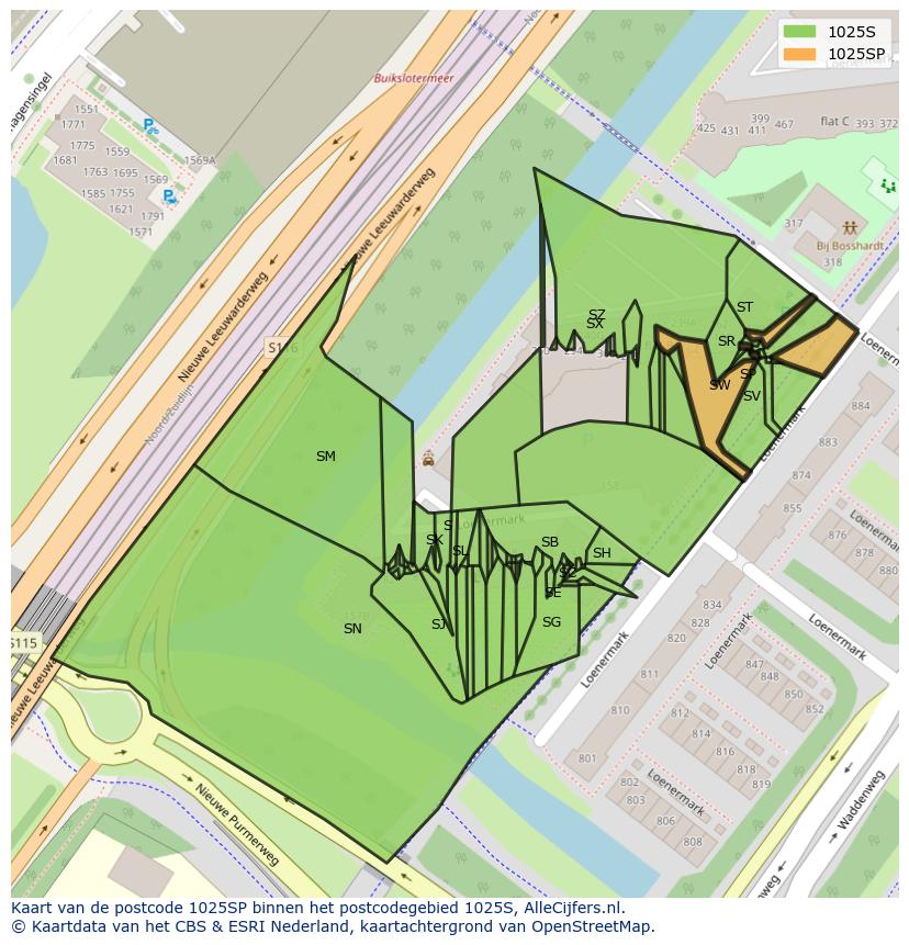Afbeelding van het postcodegebied 1025 SP op de kaart.