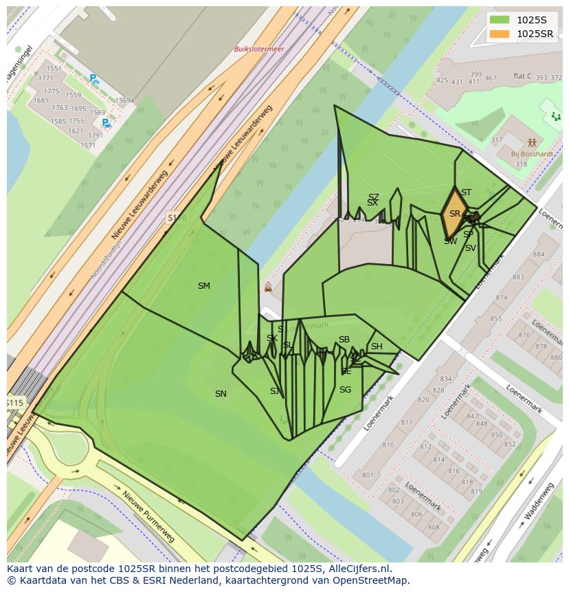 Afbeelding van het postcodegebied 1025 SR op de kaart.