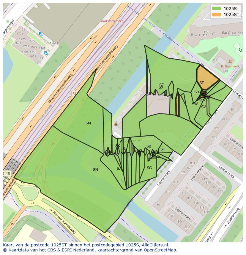 Afbeelding van het postcodegebied 1025 ST op de kaart.
