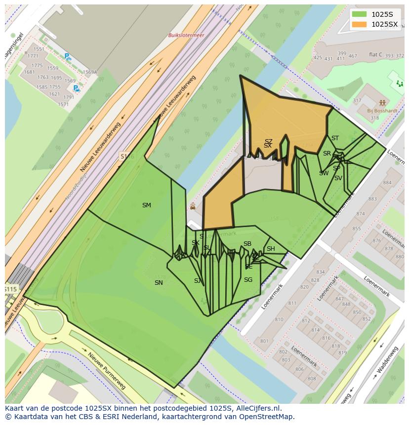 Afbeelding van het postcodegebied 1025 SX op de kaart.