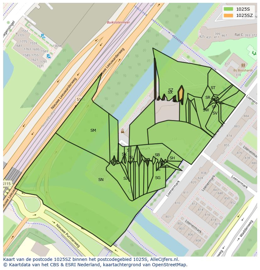 Afbeelding van het postcodegebied 1025 SZ op de kaart.