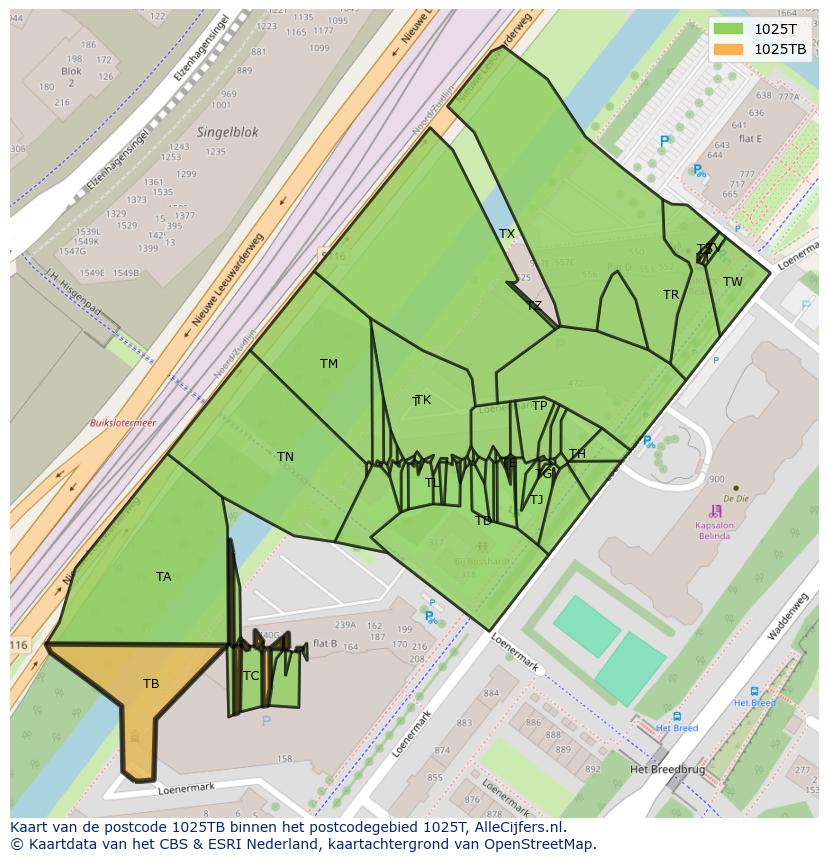 Afbeelding van het postcodegebied 1025 TB op de kaart.