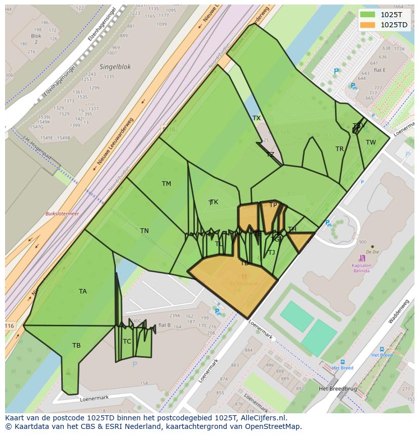 Afbeelding van het postcodegebied 1025 TD op de kaart.