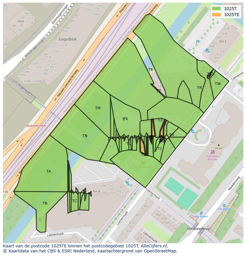 Afbeelding van het postcodegebied 1025 TE op de kaart.