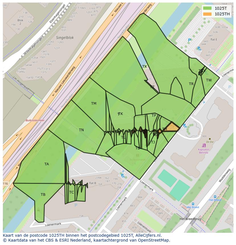Afbeelding van het postcodegebied 1025 TH op de kaart.