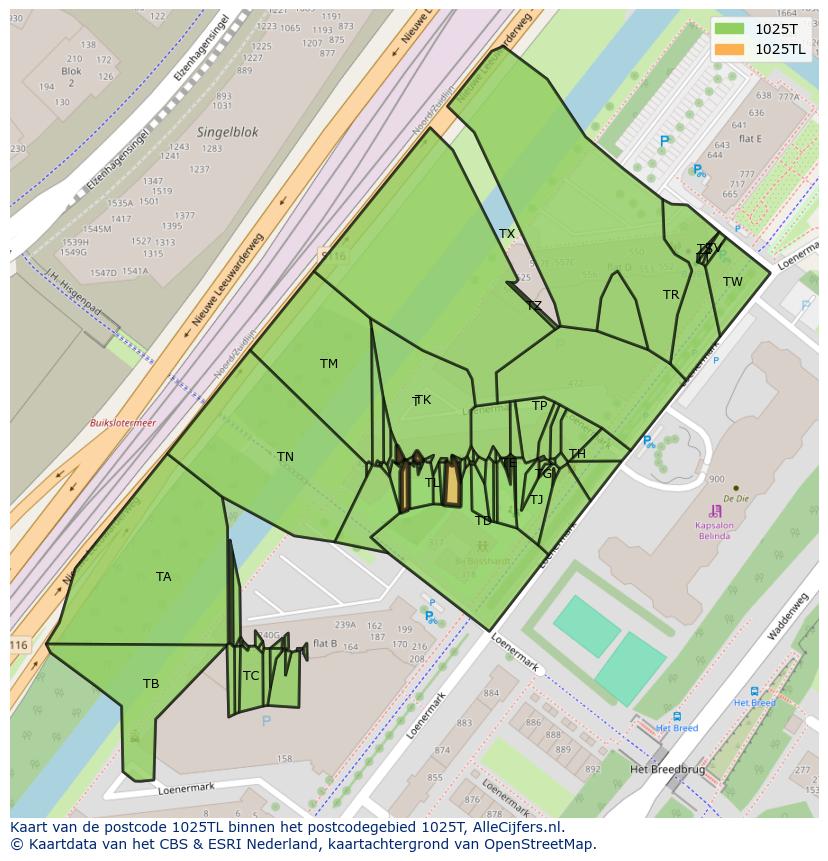 Afbeelding van het postcodegebied 1025 TL op de kaart.