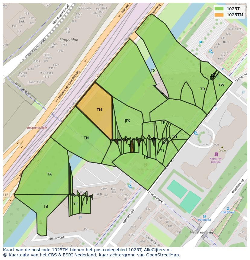 Afbeelding van het postcodegebied 1025 TM op de kaart.