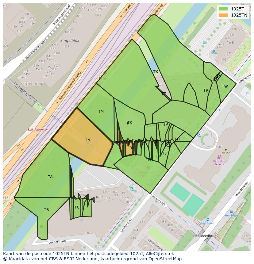Afbeelding van het postcodegebied 1025 TN op de kaart.