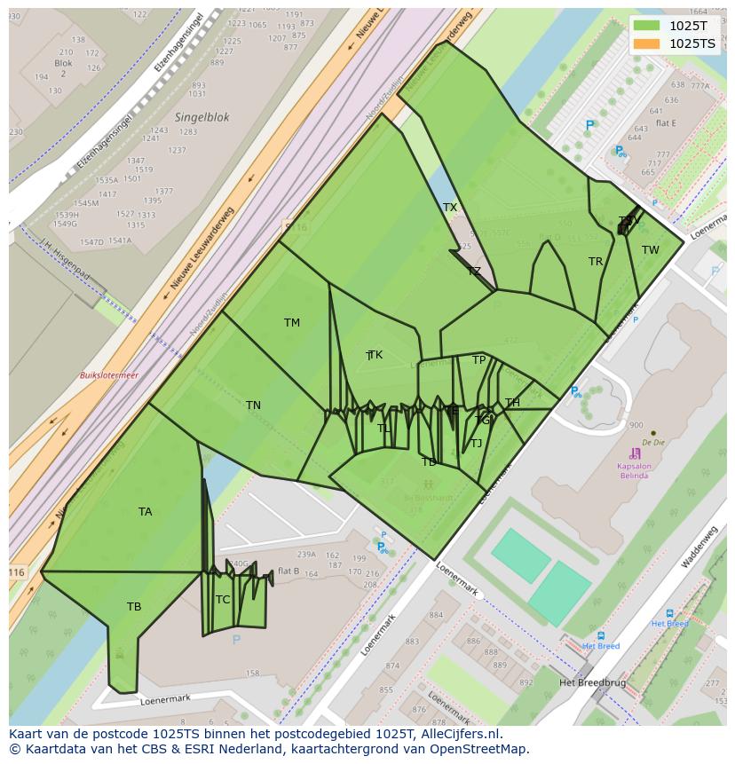 Afbeelding van het postcodegebied 1025 TS op de kaart.