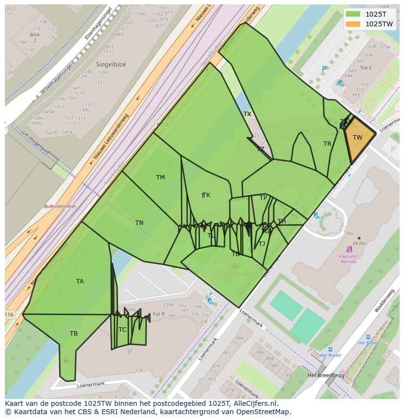 Afbeelding van het postcodegebied 1025 TW op de kaart.
