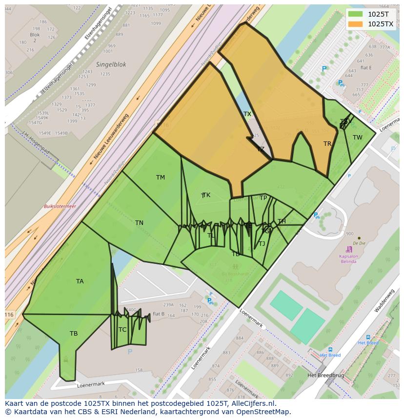 Afbeelding van het postcodegebied 1025 TX op de kaart.
