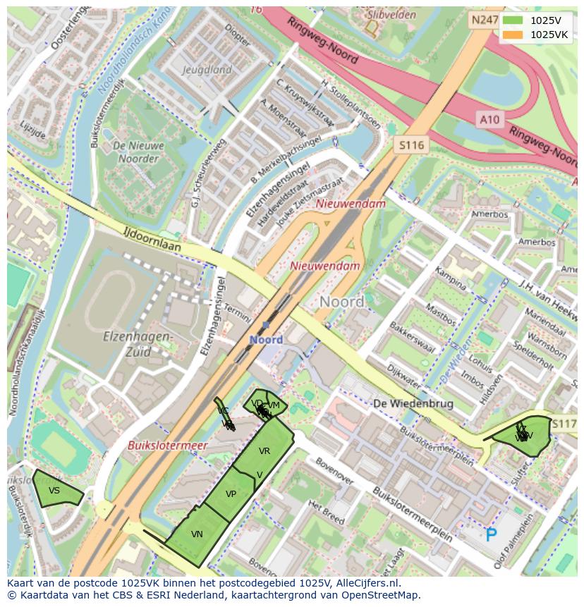 Afbeelding van het postcodegebied 1025 VK op de kaart.