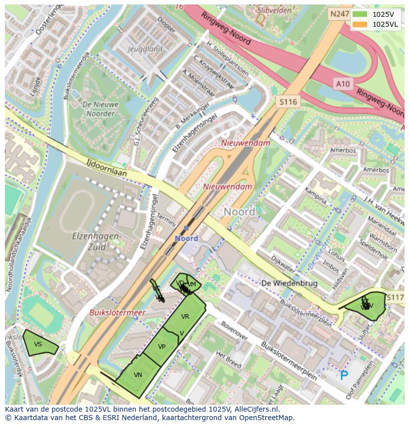 Afbeelding van het postcodegebied 1025 VL op de kaart.